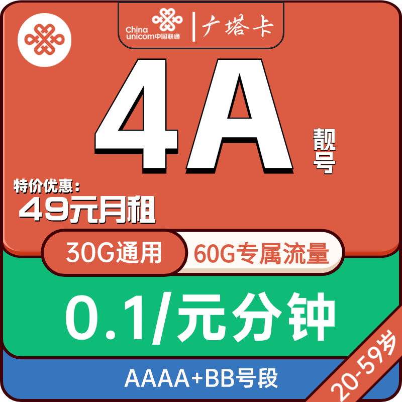 广东广州联通广塔卡49元包30G通用流量+60G定向流量+通话0.1/分钟+4A靓号