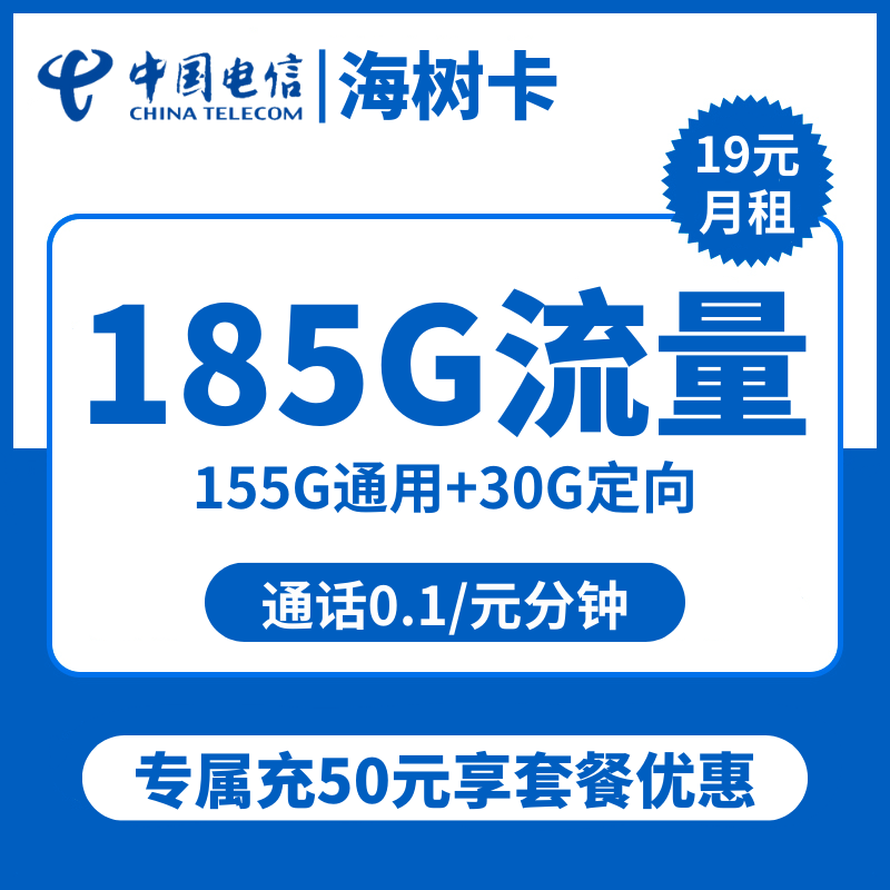 ZJ电信海树卡19元包155G通用+30G定向+通话0.1元/分钟