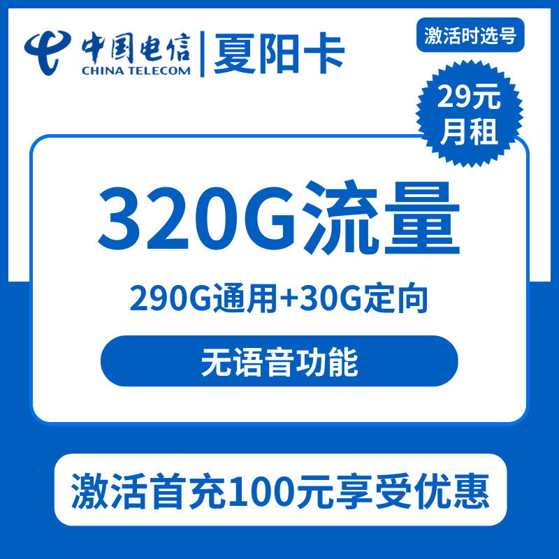 BJ电信夏阳卡29元包290G通用+30G定向+无语音功能
