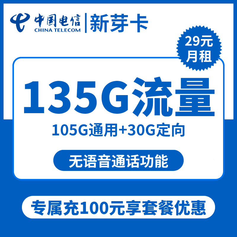 山东电信新芽卡29元包105G通用+30G定向+无语功能