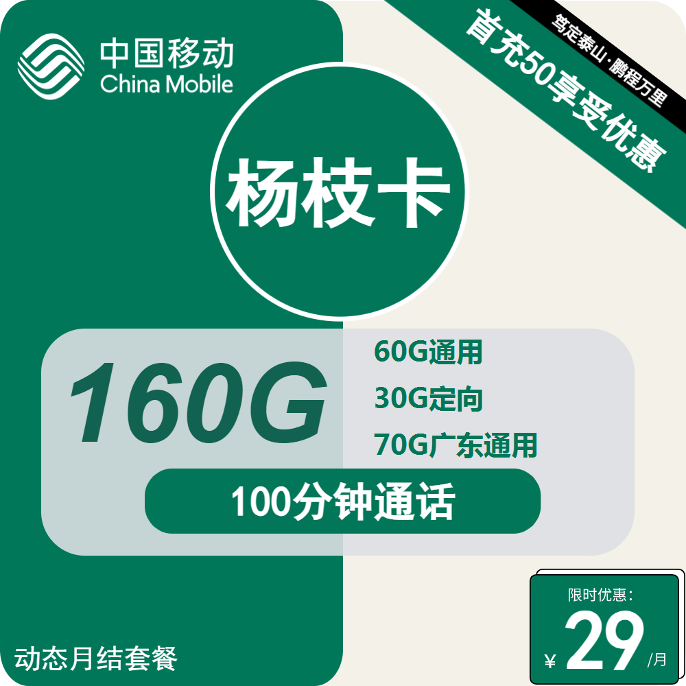 广东移动杨枝卡29元包130G通用+60G定向+100分钟